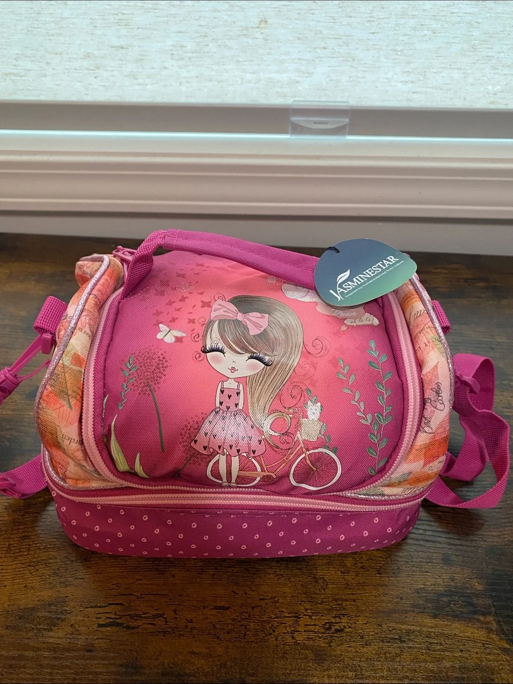 Pink Girls' Insulated Lunch Tote with Bicycle Girl Print Pink NWT